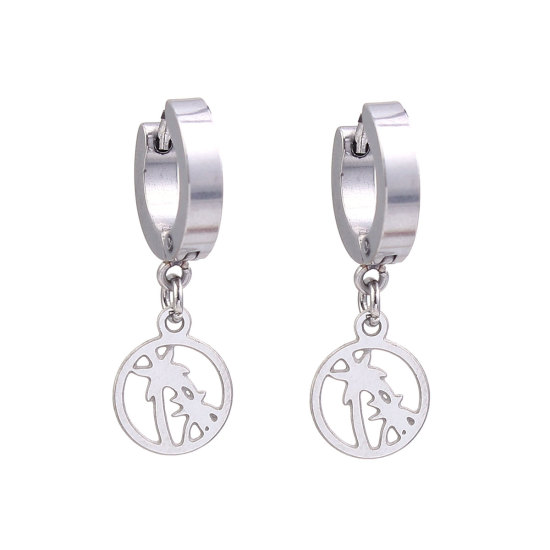 Imagen de 304 Acero Inoxidable Pendientes Círculos Tono de Plata Árbol de coco Ronda 30mm x 14mm, Post/ Wire Size: (19 gauge), 1 Par