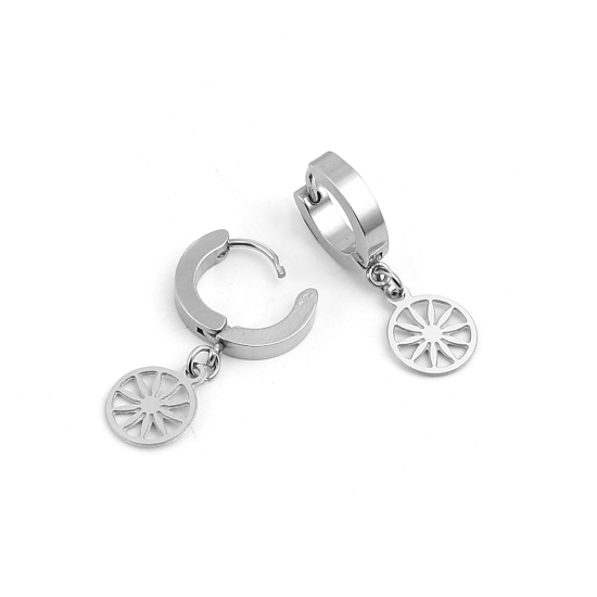 Picture of 304 Stainless Steel Hoop Earrings Silver Tone Round Sun 30mm(1 1/8") x 14mm( 4/8"), Post/ Wire Size: (19 gauge), 1 Pair