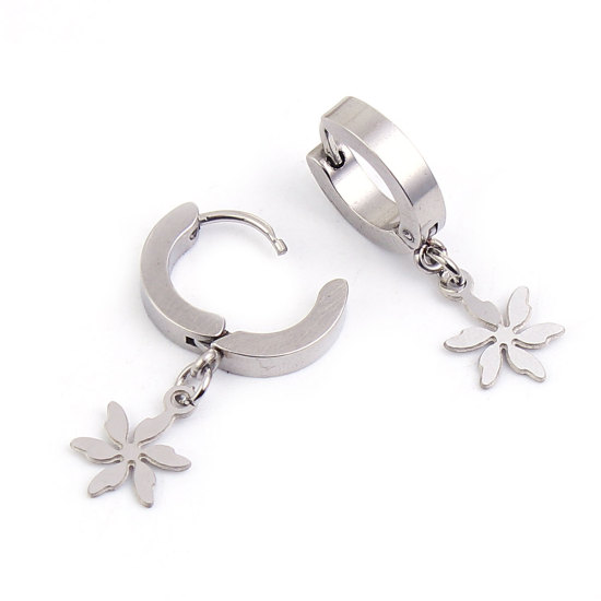 Immagine di 304 Acciaio Inossidabile orecchino cerchio Tono Argento Fiore 29mm x 14mm, Posta / Filo Dimensione: (19 misura), 1 Paio