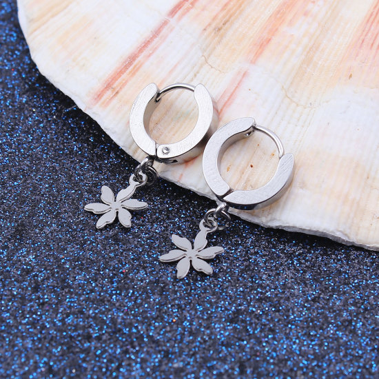 Immagine di 304 Acciaio Inossidabile orecchino cerchio Tono Argento Fiore 29mm x 14mm, Posta / Filo Dimensione: (19 misura), 1 Paio