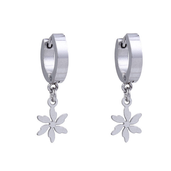 Immagine di 304 Acciaio Inossidabile orecchino cerchio Tono Argento Fiore 29mm x 14mm, Posta / Filo Dimensione: (19 misura), 1 Paio