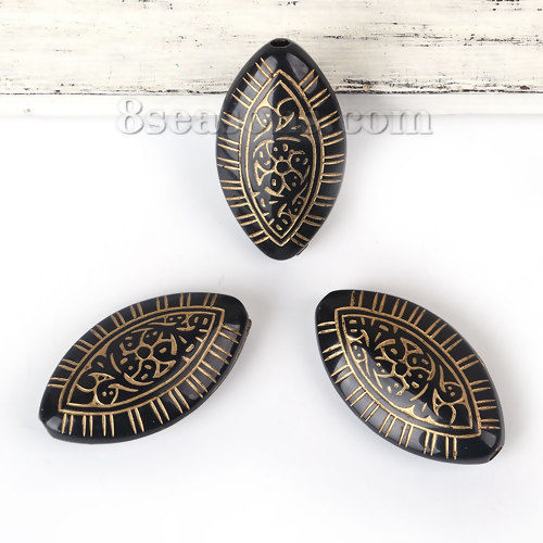 Picture of Acrylic Spacer Carved Etched Beads Oval Black About 30mm x 17mm, Hole: Approx 2.3mm, 30 PCs
