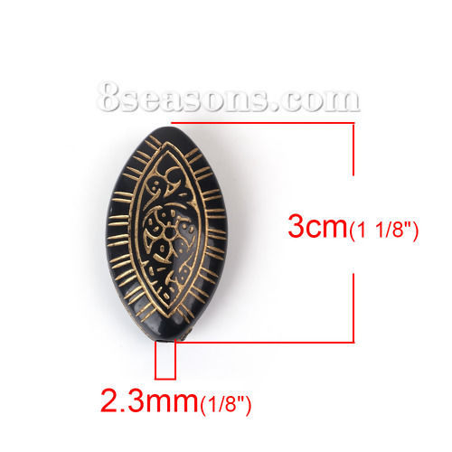Picture of Acrylic Spacer Carved Etched Beads Oval Black About 30mm x 17mm, Hole: Approx 2.3mm, 30 PCs