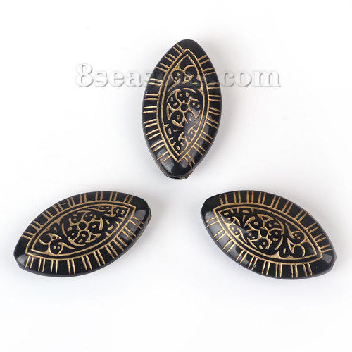 Picture of Acrylic Spacer Carved Etched Beads Oval Black About 30mm x 17mm, Hole: Approx 2.3mm, 30 PCs