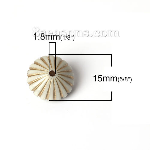 Picture of Acrylic Spacer Carved Etched Beads Round Beige Stripe Pattern About 15mm x 10mm, Hole: Approx 1.8mm, 50 PCs