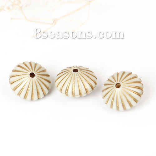 Picture of Acrylic Spacer Carved Etched Beads Round Beige Stripe Pattern About 15mm x 10mm, Hole: Approx 1.8mm, 50 PCs