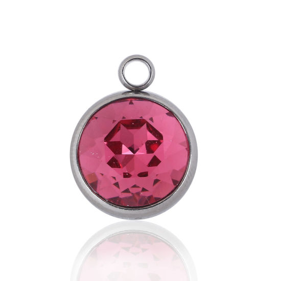 Picture of 304 Stainless Steel July Birthstone Charms Round Silver Tone Faceted Fuchsia Glass Rhinestone 18mm( 6/8") x 14mm( 4/8"), 1 Piece
