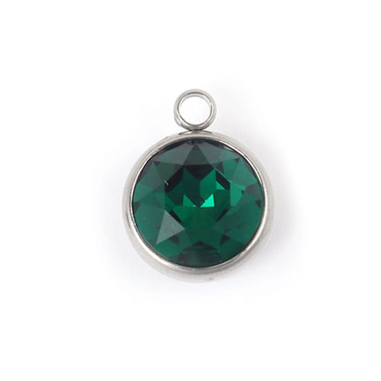 Picture of 304 Stainless Steel May Birthstone Charms Round Silver Tone Faceted Deep Green Glass Rhinestone 18mm( 6/8") x 14mm( 4/8"), 1 Piece