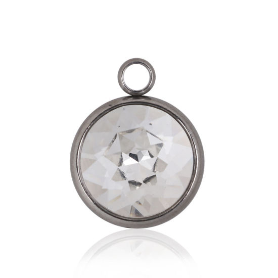 Picture of 304 Stainless Steel April Birthstone Charms Round Disc Silver Tone Faceted Clear Glass Rhinestone 18mm( 6/8") x 14mm( 4/8"), 1 Piece