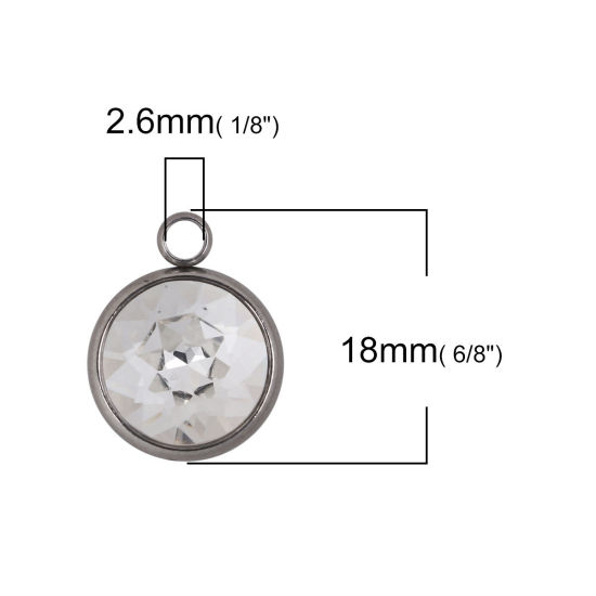 Picture of 304 Stainless Steel April Birthstone Charms Round Disc Silver Tone Faceted Clear Glass Rhinestone 18mm( 6/8") x 14mm( 4/8"), 1 Piece