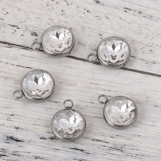 Picture of 304 Stainless Steel April Birthstone Charms Round Disc Silver Tone Faceted Clear Glass Rhinestone 18mm( 6/8") x 14mm( 4/8"), 1 Piece