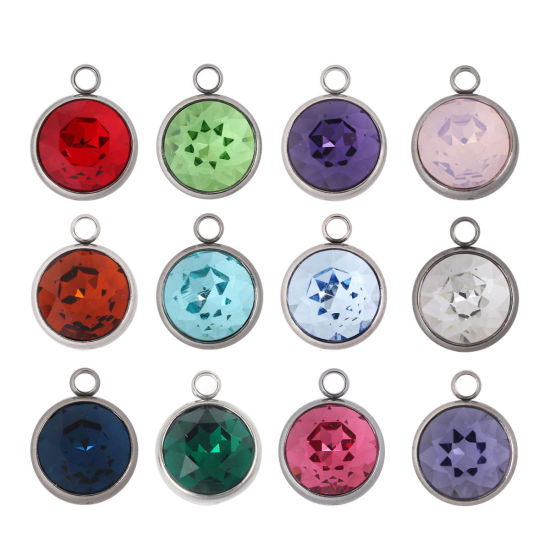 Picture of 304 Stainless Steel April Birthstone Charms Round Disc Silver Tone Faceted Clear Glass Rhinestone 18mm( 6/8") x 14mm( 4/8"), 1 Piece