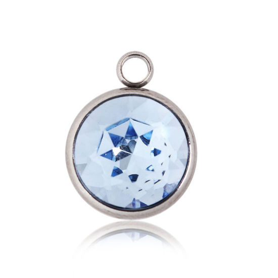 Picture of 304 Stainless Steel March Birthstone Charms Round Silver Tone Faceted Light Blue Glass Rhinestone 18mm( 6/8") x 14mm( 4/8"), 1 Piece