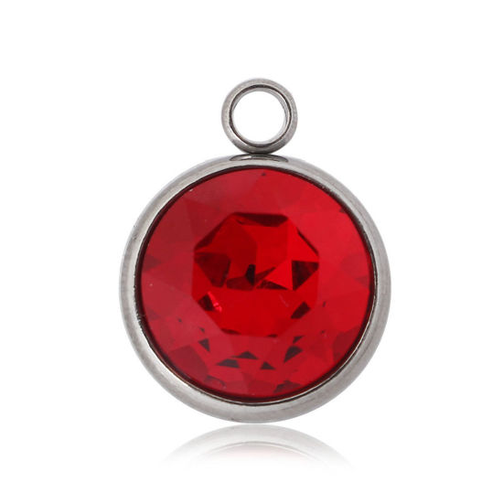 Picture of 304 Stainless Steel January Birthstone Charms Round Silver Tone Faceted Red Glass Rhinestone 18mm( 6/8") x 14mm( 4/8"), 1 Piece