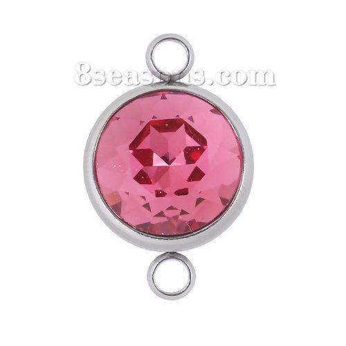 Picture of 304 Stainless Steel July Birthstone Connectors Round Silver Tone Faceted Fuchsia Glass Rhinestone 22mm( 7/8") x 14mm( 4/8"), 1 Piece