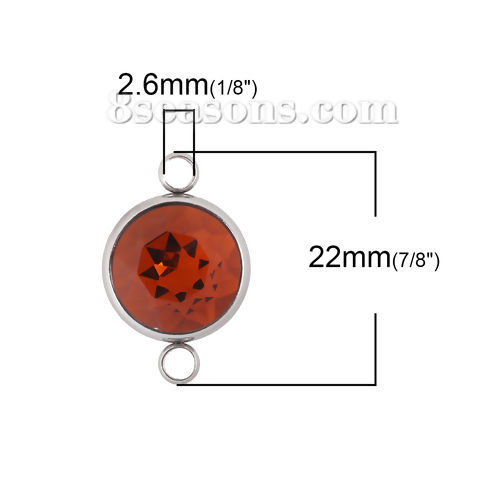 Imagen de 304 Acero Inoxidable Noviembre Birthstone Conectores Ronda Tono de Plata Facetas Naranja-rojo Rhinestone 22mm x 14mm, 1 Unidad