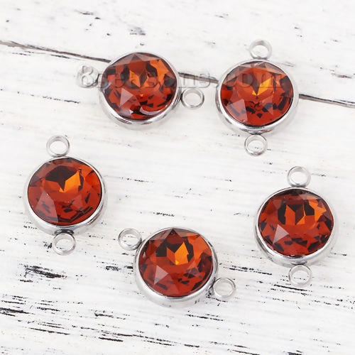 Imagen de 304 Acero Inoxidable Noviembre Birthstone Conectores Ronda Tono de Plata Facetas Naranja-rojo Rhinestone 22mm x 14mm, 1 Unidad