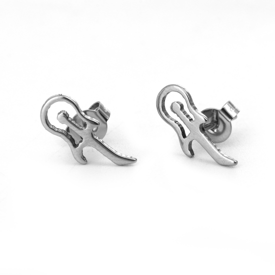 Immagine di 304 Acciaio Inossidabile Orecchini a Perno Tono Argento Strumento Musicale Chitarra 14mm x 6mm, Posta / Filo Dimensione: (21 misura), 1 Paio