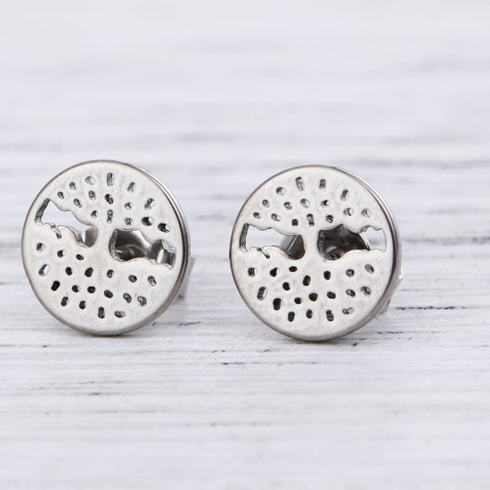 Imagen de 304 Acero Inoxidable Pendientes Tono de Plata Ronda 9mm Dia., Post/ Wire Size: (21 gauge), 1 Par