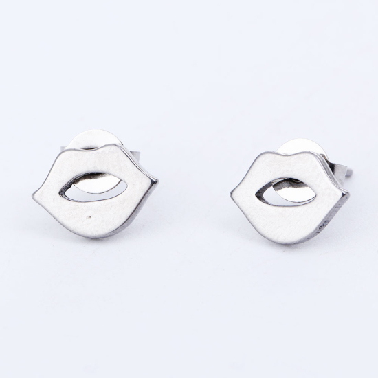 Picture of 304 Stainless Steel Ear Post Stud Earrings Silver Tone Lip 10mm( 3/8") x 7mm( 2/8"), Post/ Wire Size: (21 gauge), 1 Pair