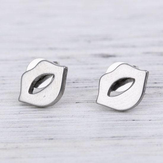 Picture of 304 Stainless Steel Ear Post Stud Earrings Silver Tone Lip 10mm( 3/8") x 7mm( 2/8"), Post/ Wire Size: (21 gauge), 1 Pair