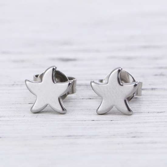 Immagine di 304 Acciaio Inossidabile Orecchini a Perno Tono Argento Stella di Mare 7mm x 7mm, Posta / Filo Dimensione: (21 misura), 1 Paio