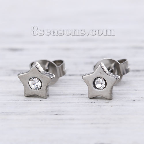 Immagine di 304 Acciaio Inossidabile Orecchini a Perno Tono Argento Stella a Cinque Punte Trasparente Strass 6mm x 6mm, Posta / Filo Dimensione: (21 misura), 1 Paio
