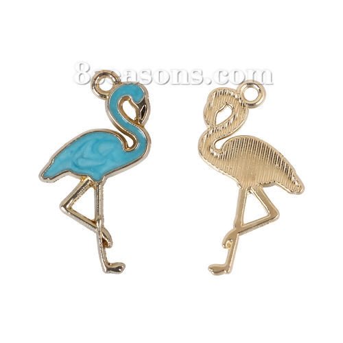 Picture of Zinc Based Alloy Charms Flamingo Gold Plated Green Blue Enamel 27mm(1 1/8") x 16mm( 5/8"), 20 PCs