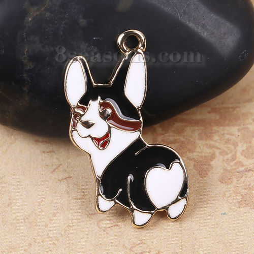 Imagen de Zamak Colgantes Charms Perro Chapado en Oro Negro & Blanco Esmalte 27mm x 15mm, 10 Unidades