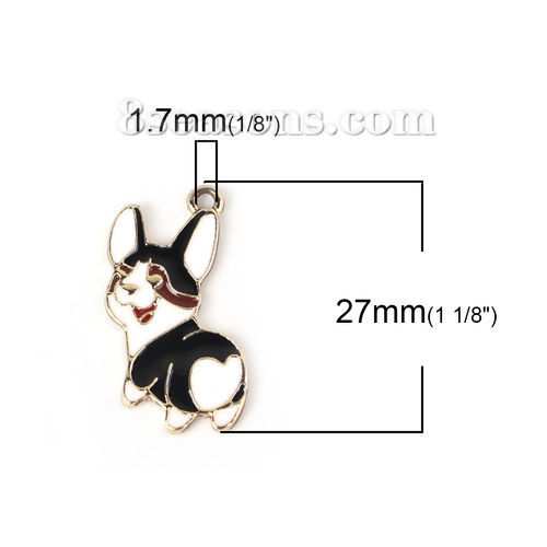 Imagen de Zamak Colgantes Charms Perro Chapado en Oro Negro & Blanco Esmalte 27mm x 15mm, 10 Unidades