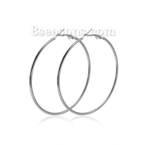 Picture of Hoop Earrings Silver Tone Round 6cm(2 3/8") Dia, Post/ Wire Size: (20 gauge), 1 Pair