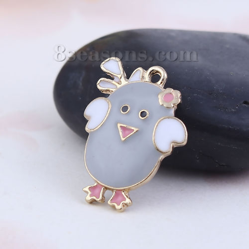Picture of Zinc Based Alloy Fairy Tale Collection Charms Chicken Gold Plated Gray Enamel 23mm( 7/8") x 18mm( 6/8"), 5 PCs