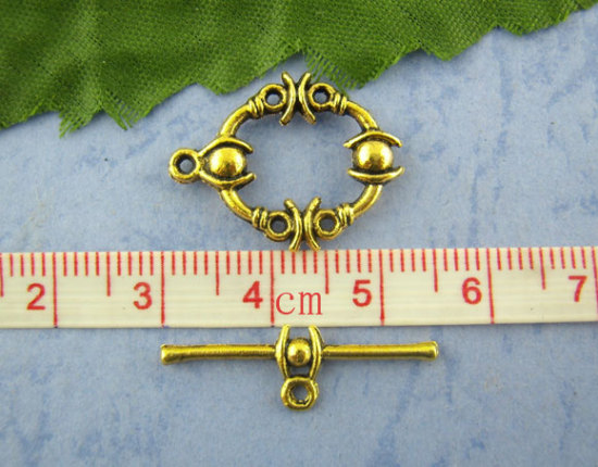 Picture of Zinc Based Alloy Toggle Clasps Oval Gold Tone Antique Gold 25mm x 8mm 21mm x 17mm, 25 Sets