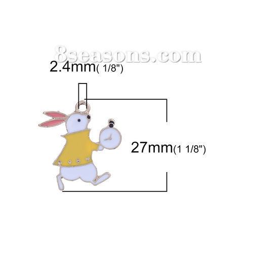Bild von Zinklegierung Märchen Kollektion Charms Anhänger Hase Vergoldet Weiß & Gelb Glocke Emaille 27mm x 25mm, 10 Stück
