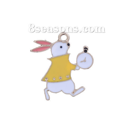 Bild von Zinklegierung Märchen Kollektion Charms Anhänger Hase Vergoldet Weiß & Gelb Glocke Emaille 27mm x 25mm, 10 Stück