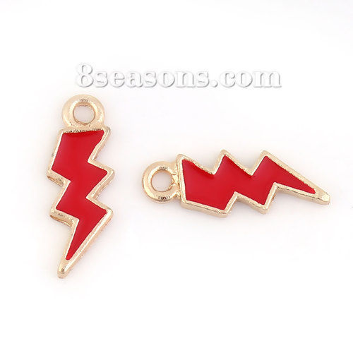 Bild von Zinklegierung Wetter Kollektion Charms Anhänger Blitz Vergoldet Rot Emaille 21mm x 8mm, 20 Stück