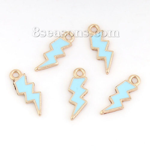 Bild von Zinklegierung Wetter Kollektion Charms Anhänger Blitz Vergoldet Cyan Emaille 21mm x 8mm, 20 Stück