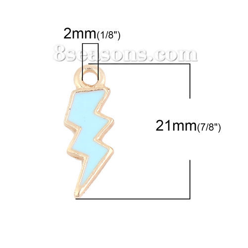 Bild von Zinklegierung Wetter Kollektion Charms Anhänger Blitz Vergoldet Cyan Emaille 21mm x 8mm, 20 Stück
