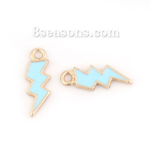 Bild von Zinklegierung Wetter Kollektion Charms Anhänger Blitz Vergoldet Cyan Emaille 21mm x 8mm, 20 Stück