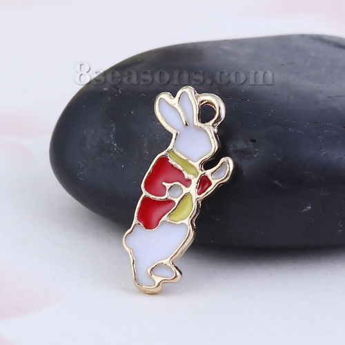 Picture of Zinc Based Alloy Fairy Tale Collection Charms Wonderland Rabbit Animal Gold Plated White & Red Enamel 22mm( 7/8") x 10mm( 3/8"), 10 PCs