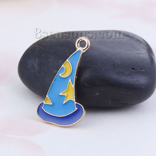 Imagen de Zamak Cuento de hadas Colgantes Charms Sombrero Chapado en Oro Azul Estrella Esmalte 26mm x 15mm, 10 Unidades