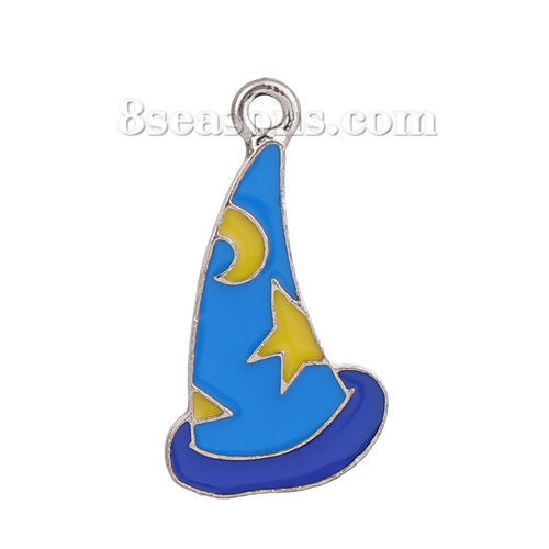 Imagen de Zamak Cuento de hadas Colgantes Charms Sombrero Chapado en Oro Azul Estrella Esmalte 26mm x 15mm, 10 Unidades
