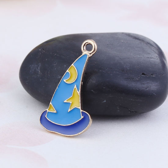 Imagen de Zamak Cuento de hadas Colgantes Charms Sombrero Chapado en Oro Azul Estrella Esmalte 26mm x 15mm, 10 Unidades