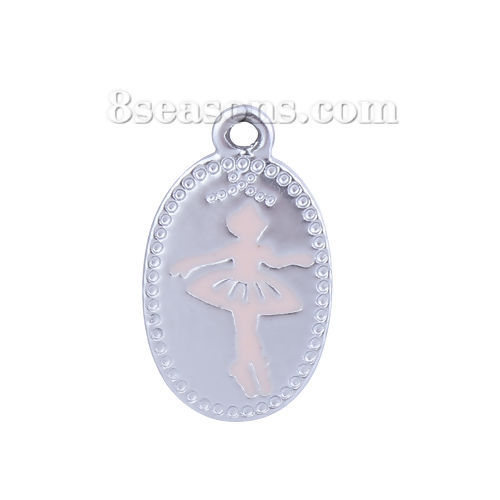 Picture of Zinc Based Alloy Charms Ballerina Silver Plated Pink Oval Enamel 22mm( 7/8") x 13mm( 4/8"), 10 PCs