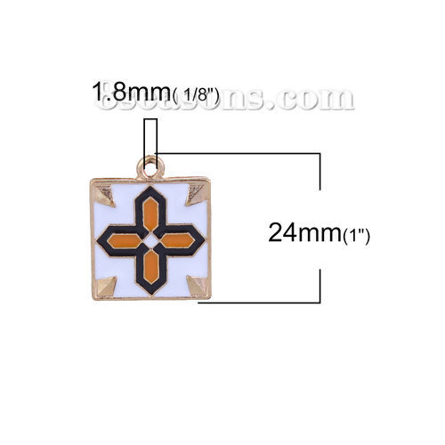 Imagen de Zamak Colgantes Charms Cuadrado Chapado en Oro Multicolor Cruz Esmalte 24mm x 20mm, 5 Unidades