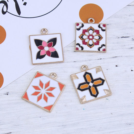Imagen de Zamak Colgantes Charms Cuadrado Chapado en Oro Multicolor Cruz Esmalte 24mm x 20mm, 5 Unidades