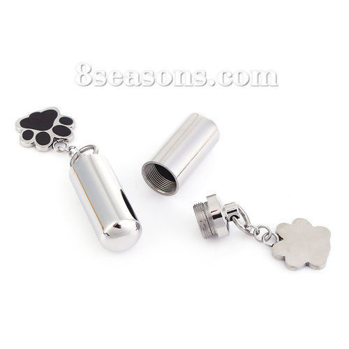 Image de 304 Pendentifs en Titane Acier Urne Funéraire de Crémation Colonne Argent Mat Noir Empreintes d'Ours Email 33mm x 10mm, 1 Pièce”