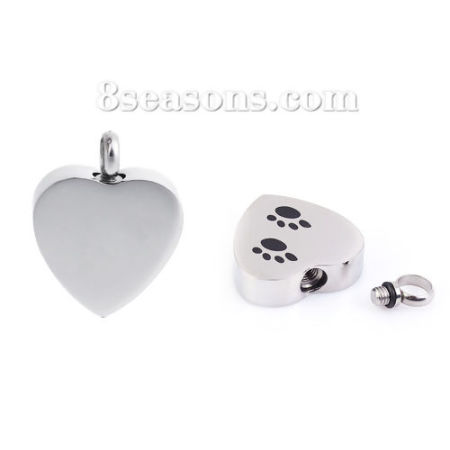 Picture of 1 Piece 304 Stainless Steel Cremation Ash Urn Blank Stamping Tags Charms Heart Bear Paw Print Silver Tone Black Double-sided Polishing 25mm x 20mm