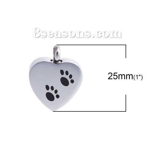 Picture of 1 Piece 304 Stainless Steel Cremation Ash Urn Blank Stamping Tags Charms Heart Bear Paw Print Silver Tone Black Double-sided Polishing 25mm x 20mm