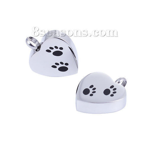 Picture of 1 Piece 304 Stainless Steel Cremation Ash Urn Blank Stamping Tags Charms Heart Bear Paw Print Silver Tone Black Double-sided Polishing 25mm x 20mm